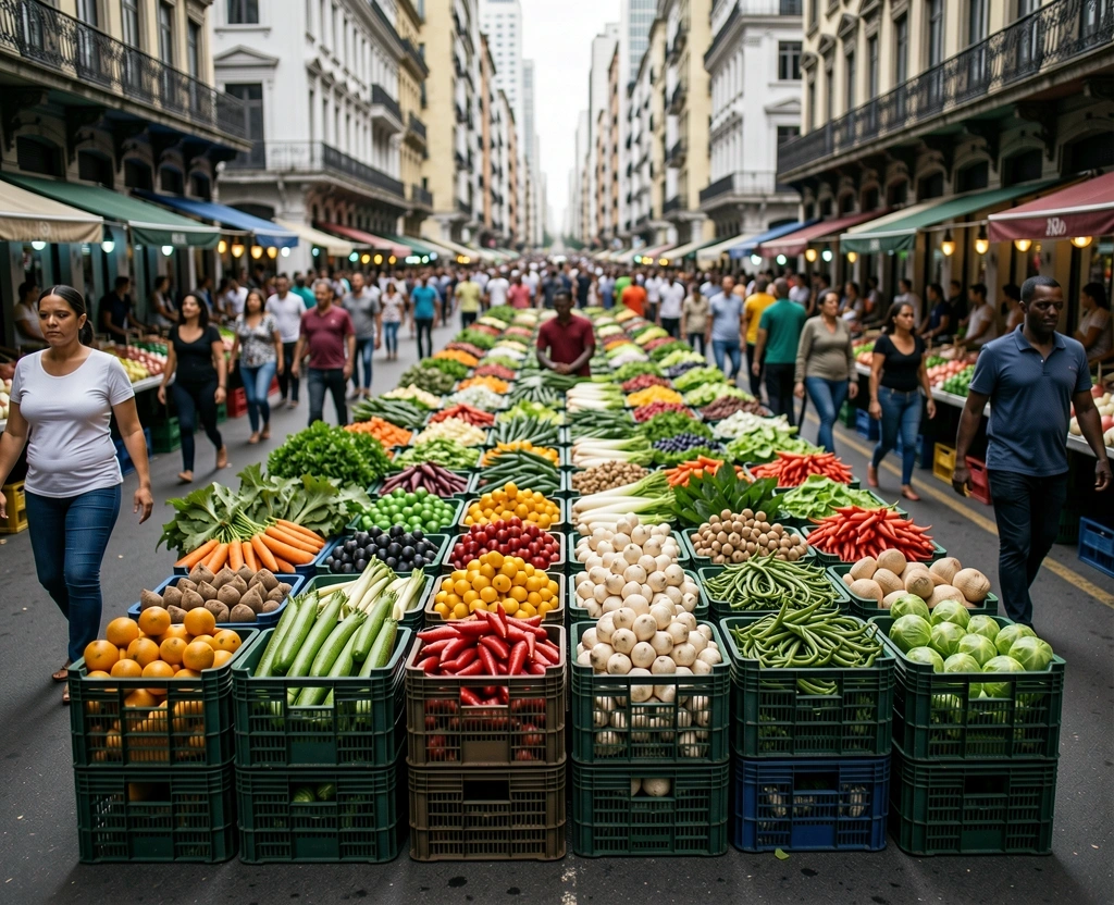 Mercado público em São Paulo exemplificando a economia real